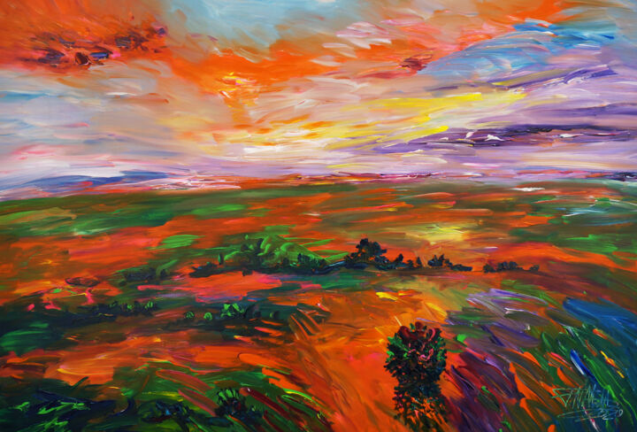 Malerei mit dem Titel "Landscape: Evening…" von Peter Nottrott, Original-Kunstwerk, Acryl