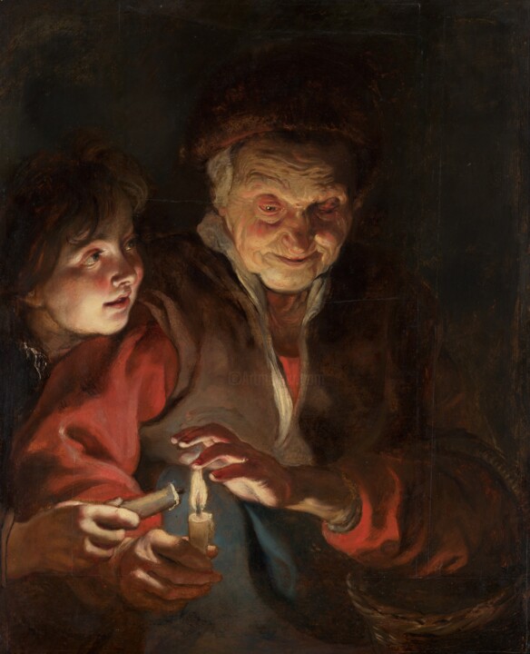 Painting titled "Vieille femme et ga…" by Peter Paul Rubens, Original Artwork, Oil