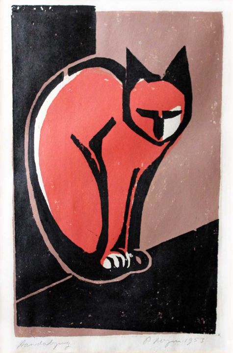 Printmaking titled "Cat (1953)" by Peter Royen, Original Artwork, Xylography