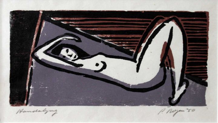 Prenten & gravures getiteld "Lying Nude (1950)" door Peter Royen, Origineel Kunstwerk, Xylograaf