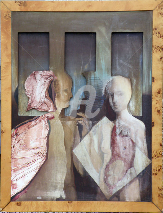Painting titled "Composition 3D" by Peter Schlösser, Original Artwork, People and bodies Mounted on Wood Panel