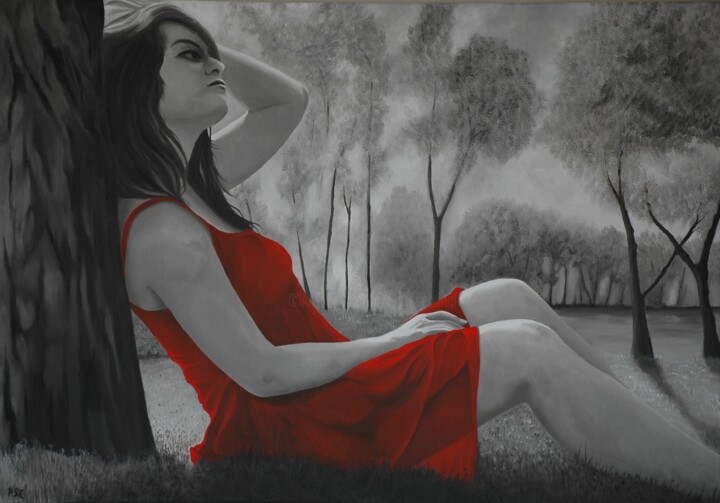 Pittura intitolato "Red Dress relaxing" da Peter Seminck, Opera d'arte originale, Olio
