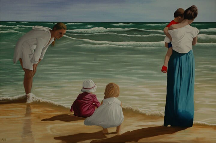 Peinture intitulée "Moms and kids on th…" par Peter Seminck, Œuvre d'art originale, Huile