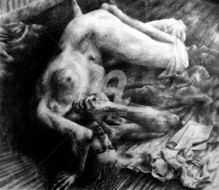 Dessin intitulée "La gargouille endor…" par Peter Soyman, Œuvre d'art originale, Crayon