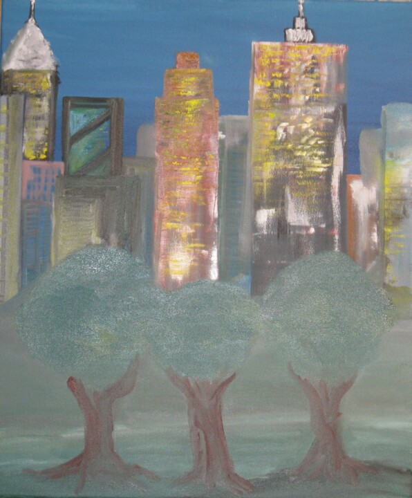Painting titled "Central Park" by Peter Stutz, Original Artwork, Oil Mounted on Wood Stretcher frame