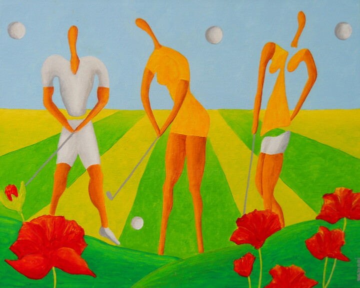 Pintura intitulada "GOLF - Golf Lesson…" por Peter Vamosi, Obras de arte originais, Acrílico Montado em Armação em madeira