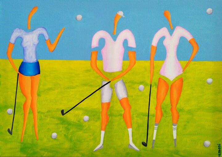 Painting titled "Golf lesson No.2 -…" by Peter Vamosi, Original Artwork, Acrylic Mounted on Wood Stretcher frame