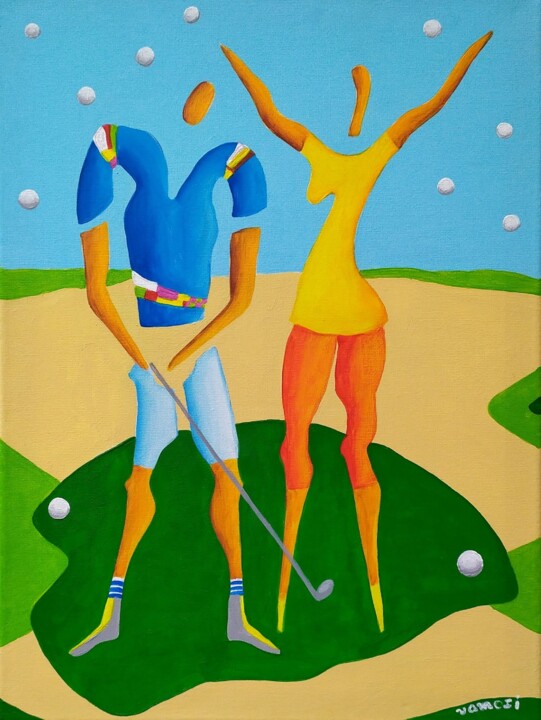 Painting titled "Golf pleasure No.1…" by Peter Vamosi, Original Artwork, Acrylic Mounted on Wood Stretcher frame