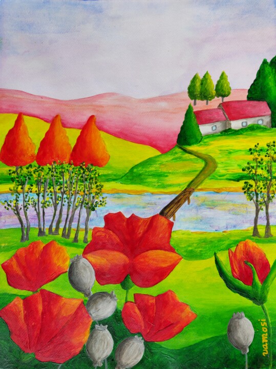 Painting titled "Spring country with…" by Peter Vamosi, Original Artwork, Acrylic