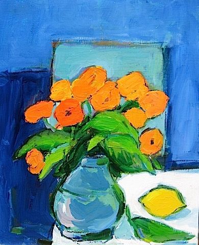Malarstwo zatytułowany „Flowers and lemon” autorstwa Peter Radacina, Oryginalna praca, Olej