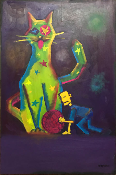 Painting titled "deus gato" by Petersen Andrade, Original Artwork, Oil