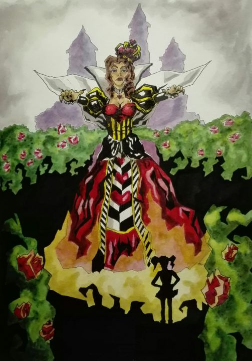 Dessin intitulée "La Reine de Coeur" par Laure Joss, Œuvre d'art originale, Encre