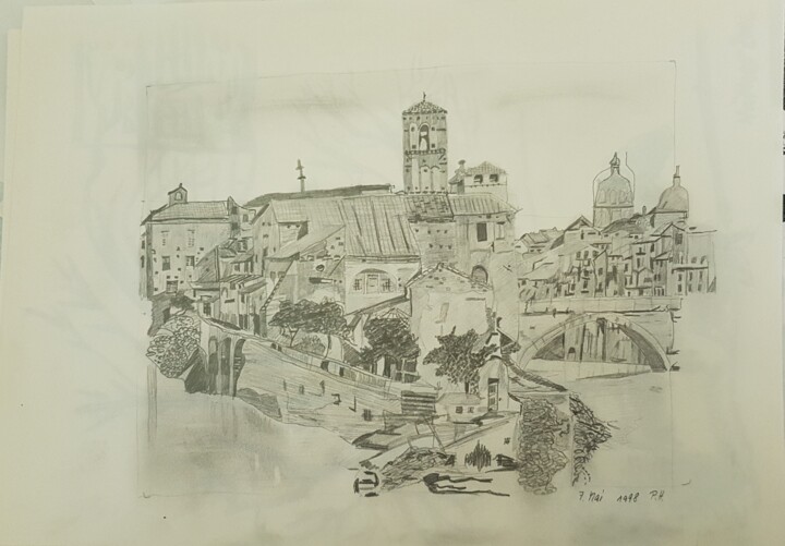 Drawing titled "Stadt Zeichnung" by Petra Hüther, Original Artwork, Pencil