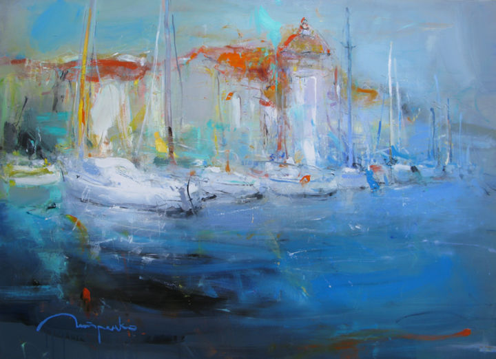 Painting titled "Море, яхты. 90х120" by Yuriy Petrenko, Original Artwork, Oil