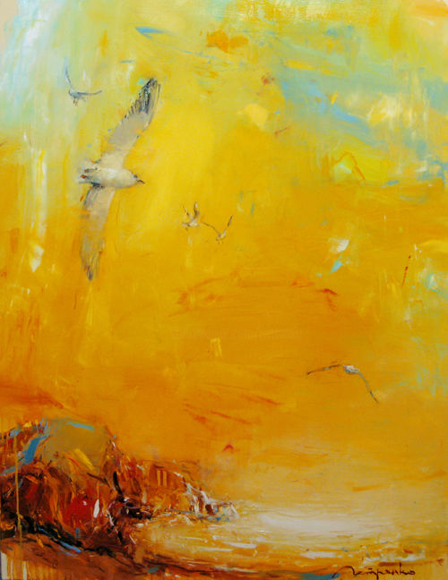 Peinture intitulée "Пейзаж с чайками" par Yuriy Petrenko, Œuvre d'art originale, Huile
