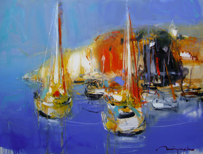 Peinture intitulée "Yachts in sea" par Yuriy Petrenko, Œuvre d'art originale, Huile