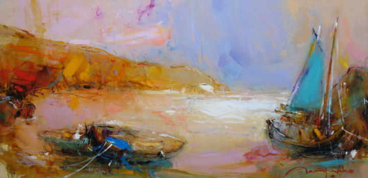 Peinture intitulée "Landscape with boats" par Yuriy Petrenko, Œuvre d'art originale, Huile