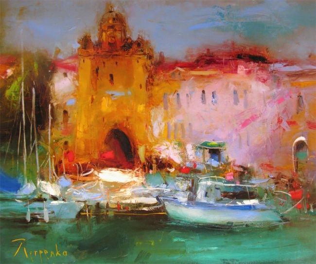 Painting titled "Quay of the old city" by Yuriy Petrenko, Original Artwork, Oil
