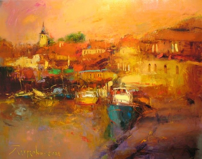 Pittura intitolato "Evening quay" da Yuriy Petrenko, Opera d'arte originale, Olio