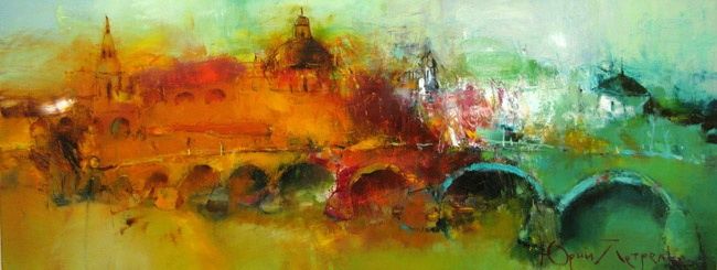 Картина под названием "Оld bridge" - Yuriy Petrenko, Подлинное произведение искусства, Масло