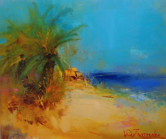 Painting titled "Palm , sea" by Yuriy Petrenko, Original Artwork, Oil