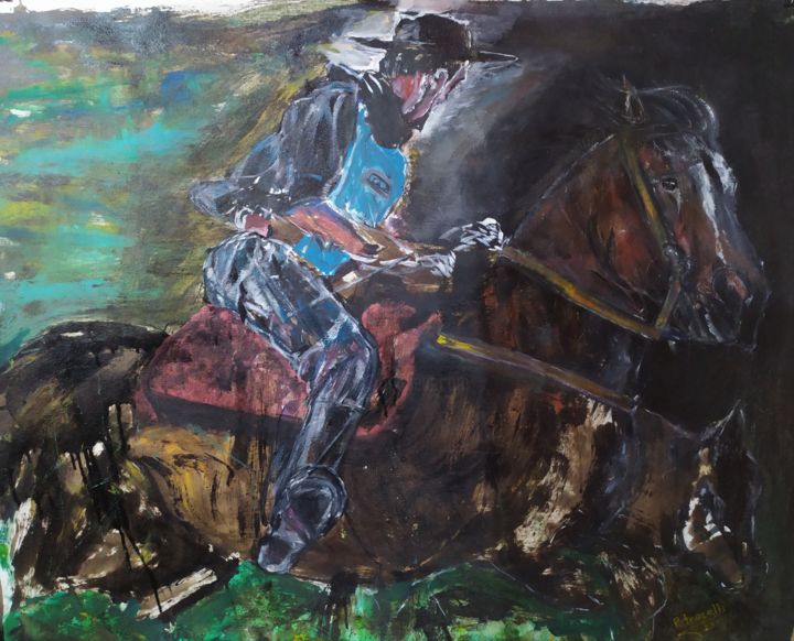 Painting titled "Al Rodeo" by Marcelo Petrocelli, Original Artwork, Oil Mounted on Wood Stretcher frame