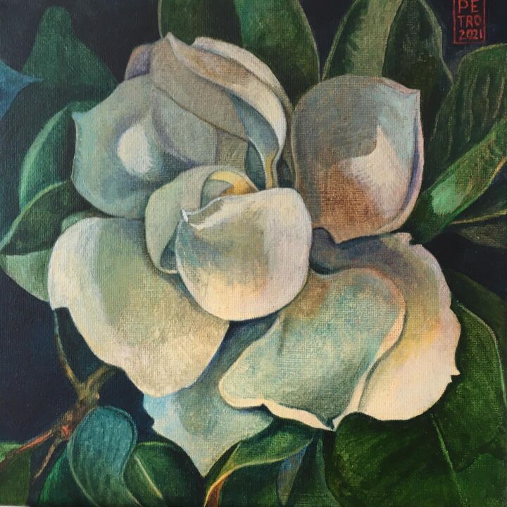 Painting titled "Magnolia" by Pétronille Remaury, Original Artwork, Acrylic Mounted on Wood Stretcher frame