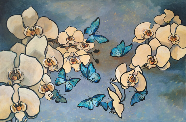 Painting titled "Le bal des Morphos" by Pétronille Remaury, Original Artwork, Acrylic Mounted on Wood Stretcher frame