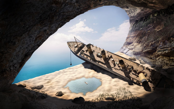 Digital Arts titled "wrecked ship in the…" by Konstantin Petrov, Original Artwork, 3D Modeling