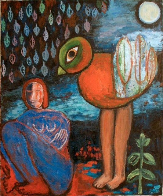 Painting titled "Woman and a bird II" by Jindrich Pevny, Original Artwork