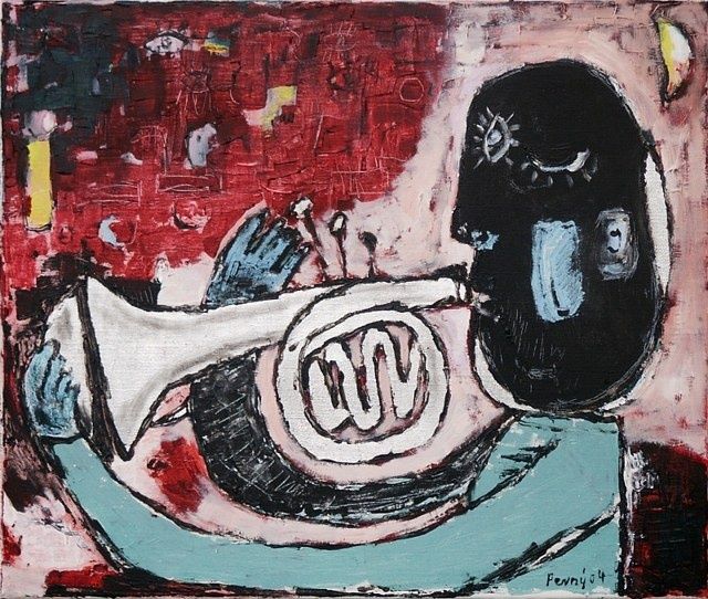 Painting titled "Trumpeter" by Jindrich Pevny, Original Artwork, Oil