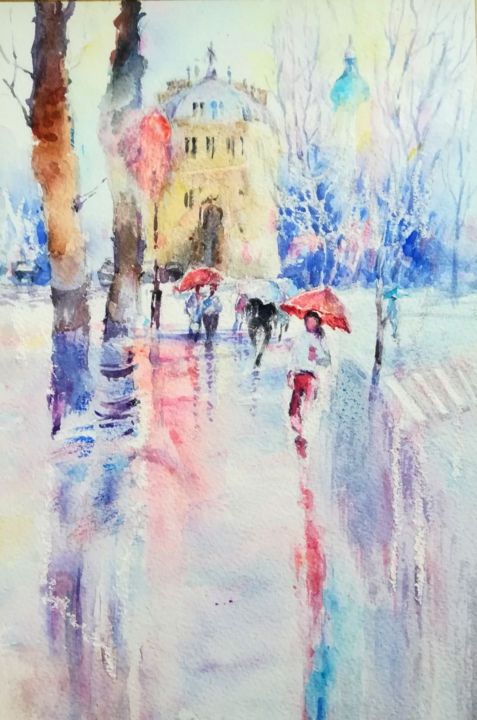 Drawing titled "street2" by Cindy Peng, Original Artwork, Watercolor