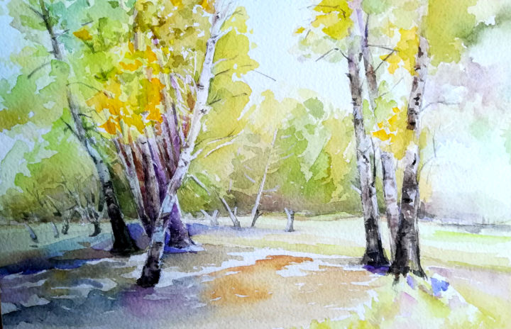 Dessin intitulée "trees" par Cindy Peng, Œuvre d'art originale, Aquarelle