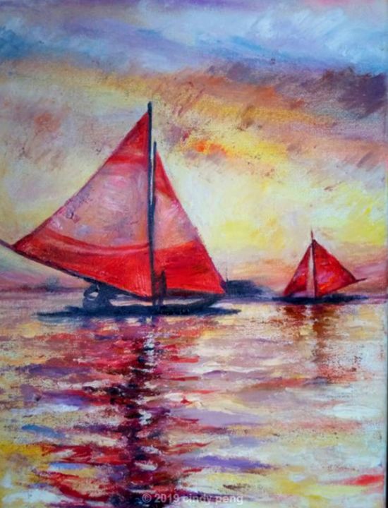 Drawing titled "Boat" by Cindy Peng, Original Artwork, Oil