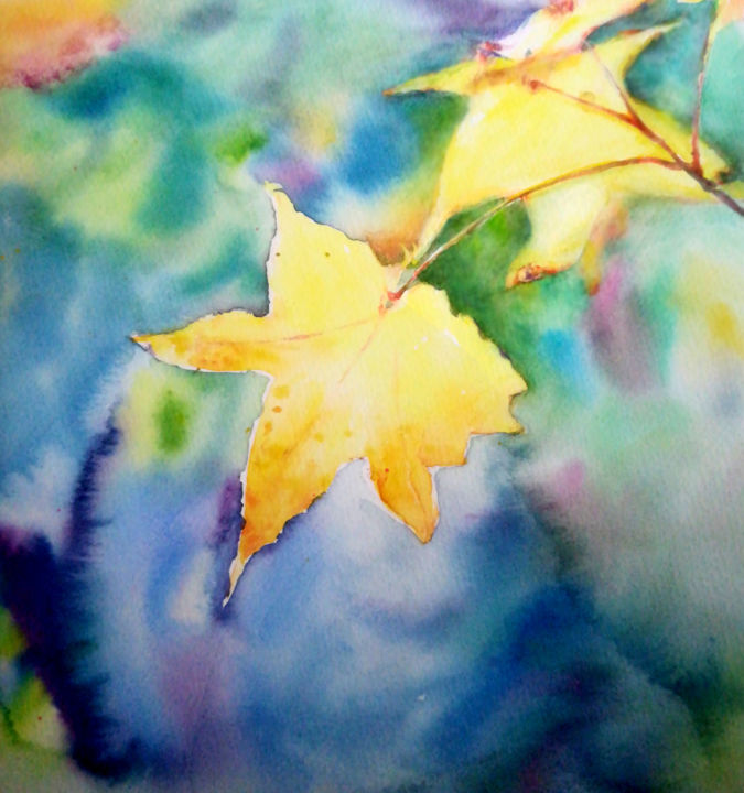 Painting titled "leaf" by Cindy Peng, Original Artwork, Watercolor