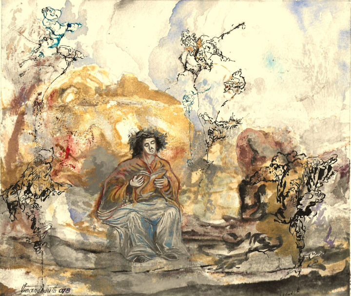 Malerei mit dem Titel "LECTURE" von Philippe Vincendeau, Original-Kunstwerk, Aquarell Auf Holzplatte montiert