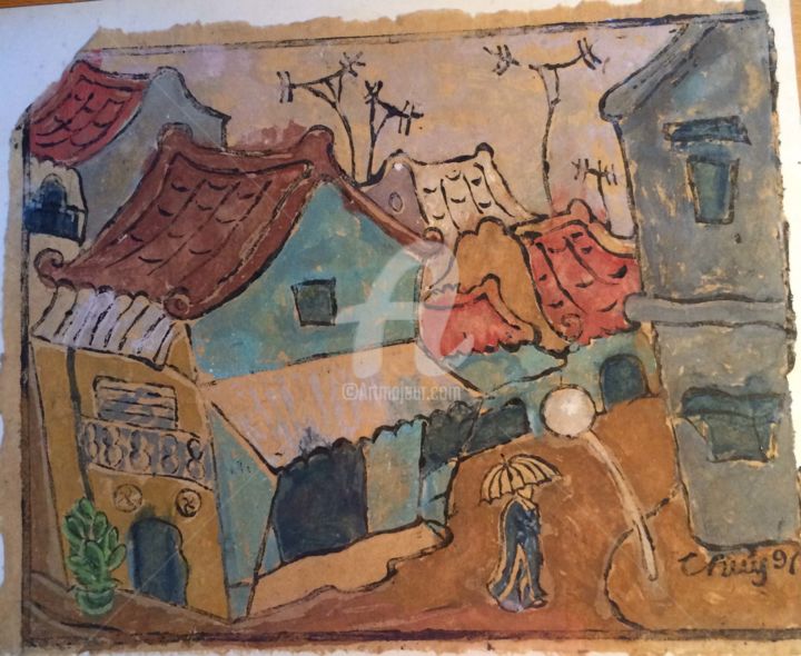 Peinture intitulée "Hoi an street Vietn…" par Pham Viet Hong Lam, Œuvre d'art originale, Autre