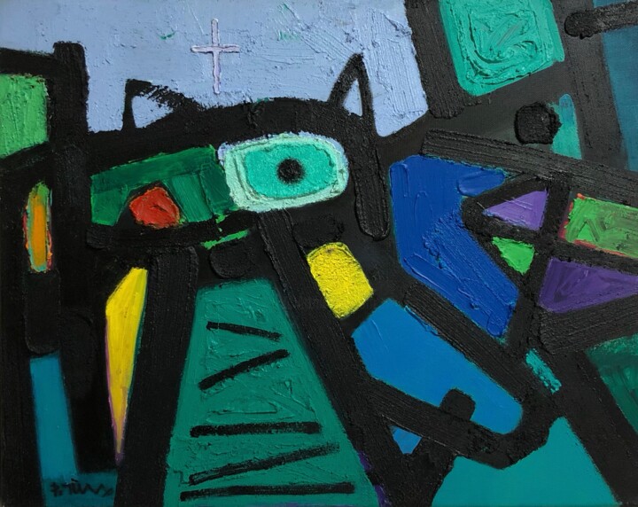 Painting titled "Night cat" by Tung Duc Pham, Original Artwork, Acrylic