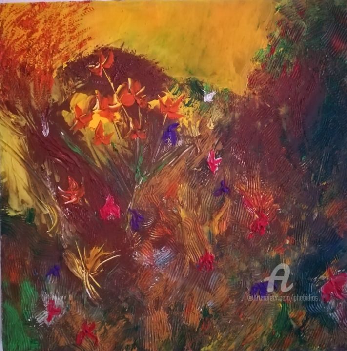 Painting titled "Le Jardin" by Marie Phebidias, Original Artwork, Oil Mounted on Wood Stretcher frame