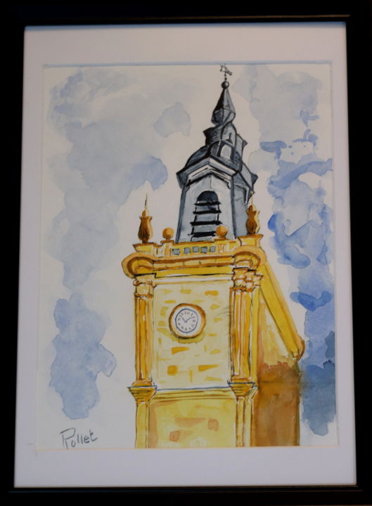 Painting titled "beffroi cateau camb…" by Philippe Rollet, Original Artwork, Watercolor Mounted on Wood Stretcher frame