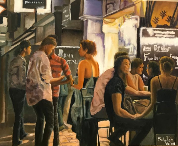 Painting titled "Happy Hours session…" by Phil Zen, Original Artwork, Oil Mounted on Wood Stretcher frame