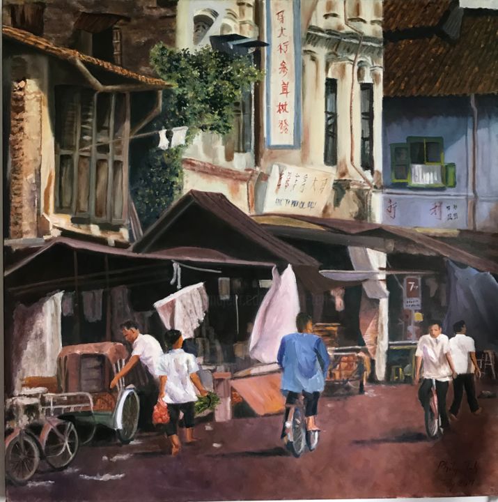 Painting titled "Old Chinatown" by Phil Zen, Original Artwork, Oil