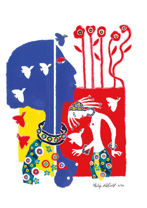 Collages intitulée "La dame aux coqueli…" par Philip Oldfield, Œuvre d'art originale, Collages