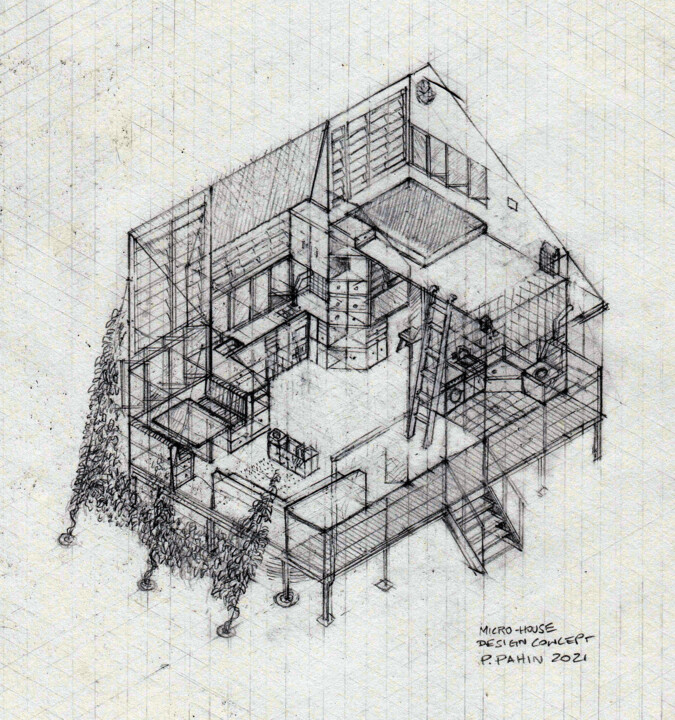 Dessin intitulée "Micro-house concept…" par Philipp Pahin, Œuvre d'art originale, Graphite