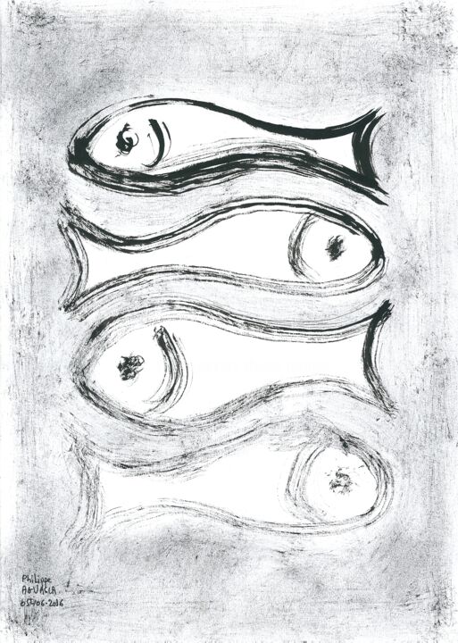 Dessin intitulée "Quatres poissons tè…" par Philippe Aguasca, Œuvre d'art originale, Encre