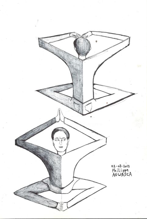Drawing titled "Yoga cube" by Philippe Aguasca, Original Artwork, Ballpoint pen