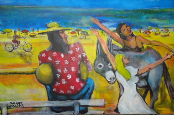 Painting titled "apres-midi guitare" by Philippe Aguasca, Original Artwork, Acrylic Mounted on Wood Stretcher frame