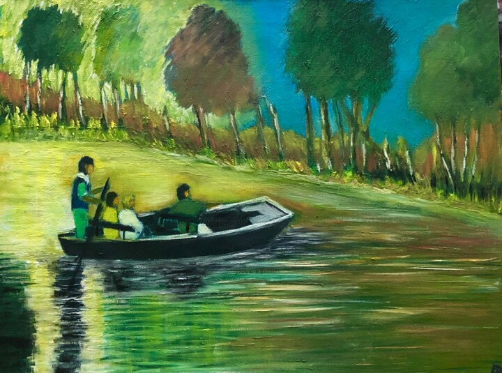 Pintura intitulada "Promenade en barque." por Philippe Allier, Obras de arte originais, Óleo