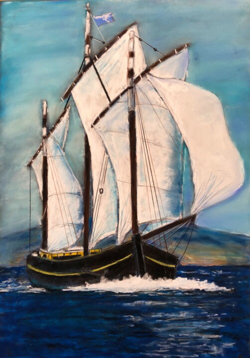 Dessin intitulée "Trois mâts en mer." par Philippe Allier, Œuvre d'art originale, Pastel