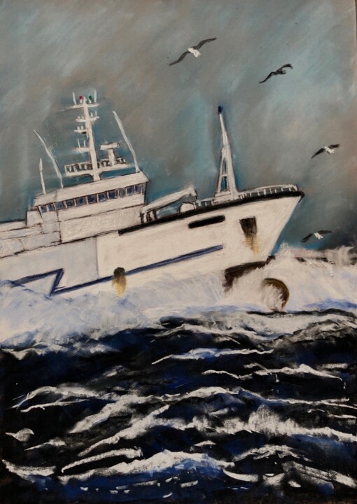 Dessin intitulée "La pêche en haute m…" par Philippe Allier, Œuvre d'art originale, Pastel